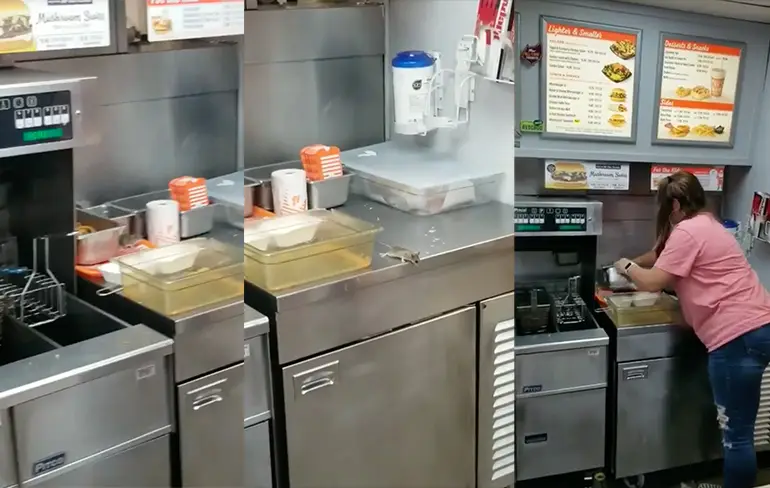 Rat snuffelt rond in Fastfood tent in Texas en springt de frituur in