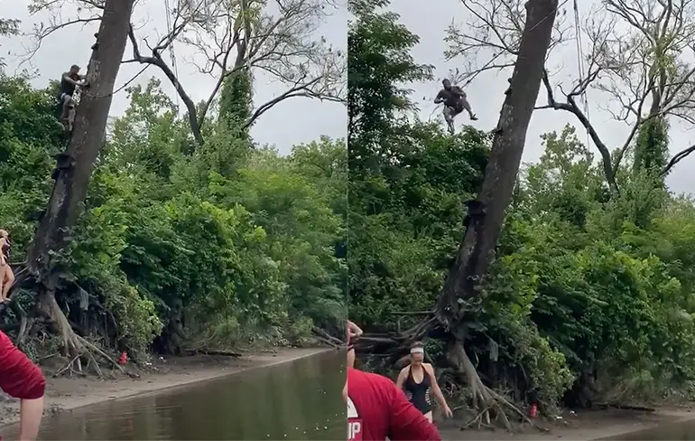 Ronald klimt hoger in de boom om in het water te zwieren