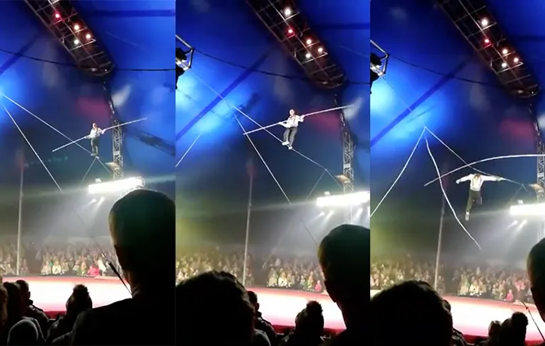 Russische koorddanser valt paar meter naar beneden