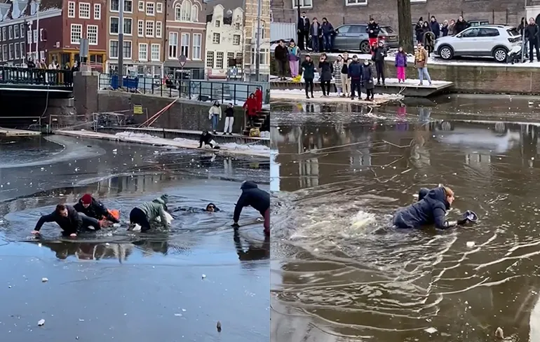 Schaatsers vastgelegd die gisteren op de Prinsengracht door het ijs zakten