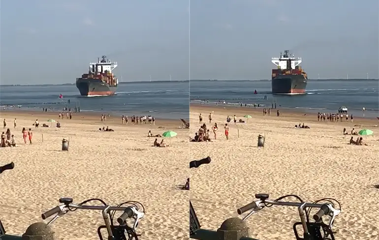 Slapende stuurman vaart bijna met containerschip strand van Vlissingen op
