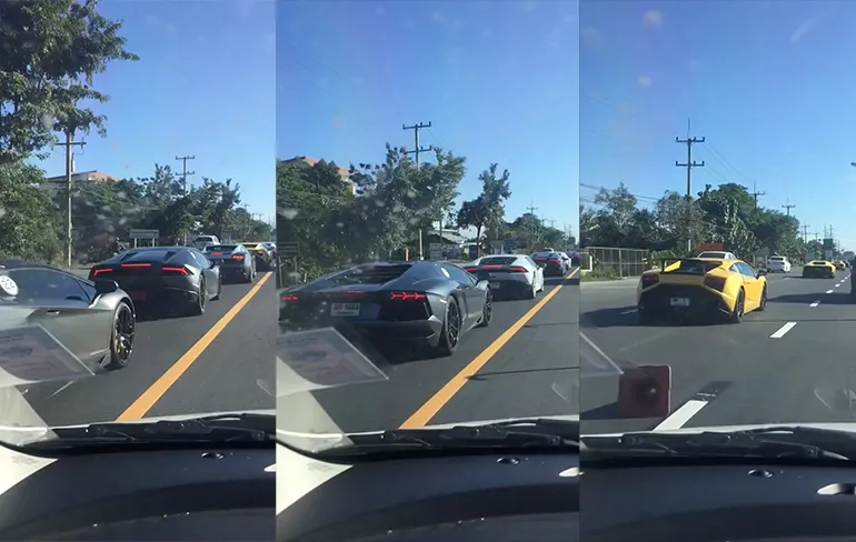 Staan nogal wat Lambo's te wachten voor een stoplicht in Thailand