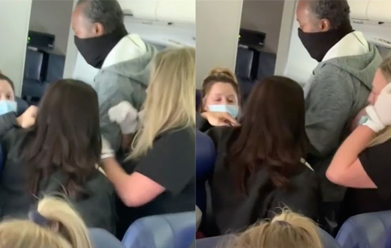 Stewardess mist twee tanden na rake klappen om discussie mondkapje