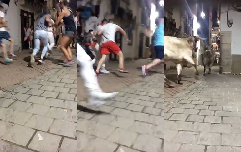 Stier ramt keihard een muur tijdens stierenrennen