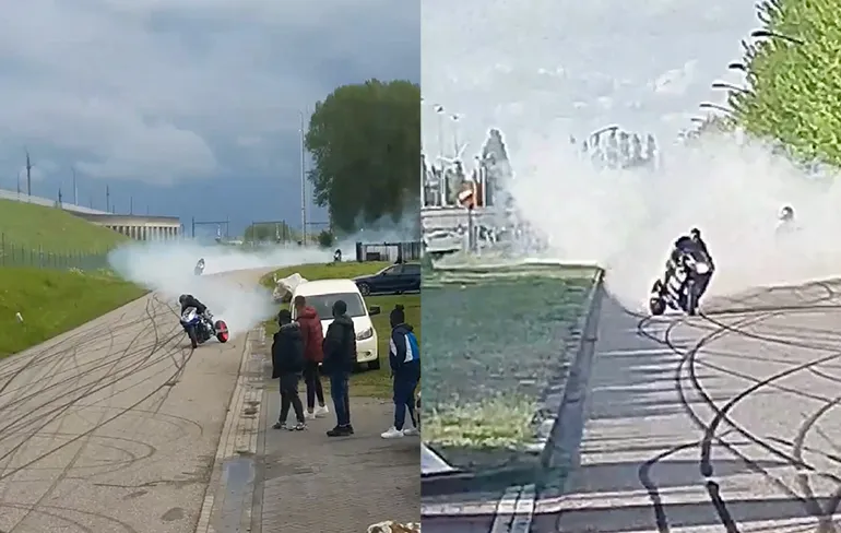 Stoer doen van motorrijder met verlengde achterbrug gaat verschrikkelijk fout