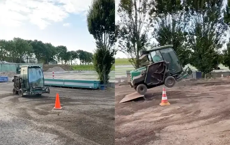 Stunten met een grasmaaimachine gaat FOUT