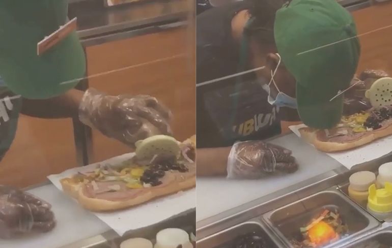 Subway medewerker valt in slaap tijdens maken van een broodje