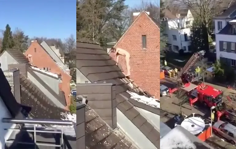 Toch wel een WTF momentje: Naakte man gooit dakpannen naar beneden