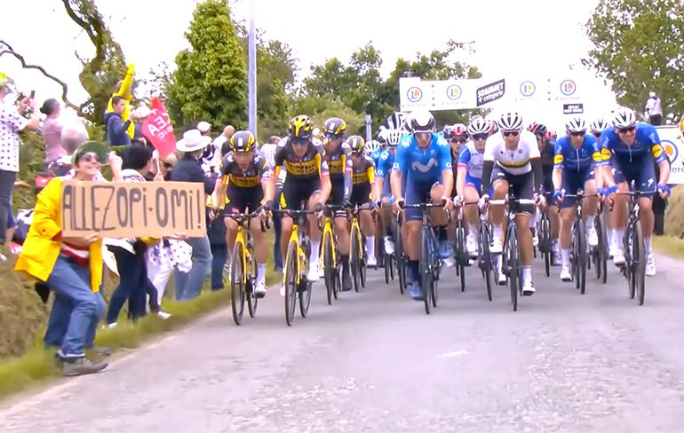 Toeschouwer met kartonnen bordje haalt wielrenners Tour de France onderuit