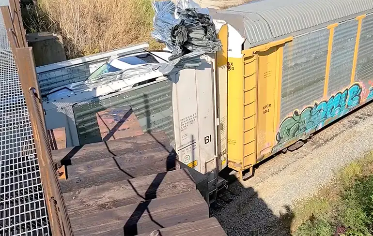 Treinwagons met auto's passen niet onder brug door