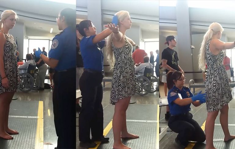 TSA medewerker neemt blondje op vliegveld even flink onder handen
