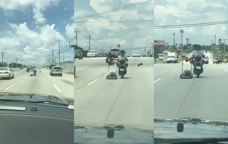 Tuurlijk kun je best zo een grasmaaier op de snelweg vervoeren