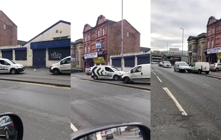 Twee bestelauto's in Manchester hebben ruzie met elkaar