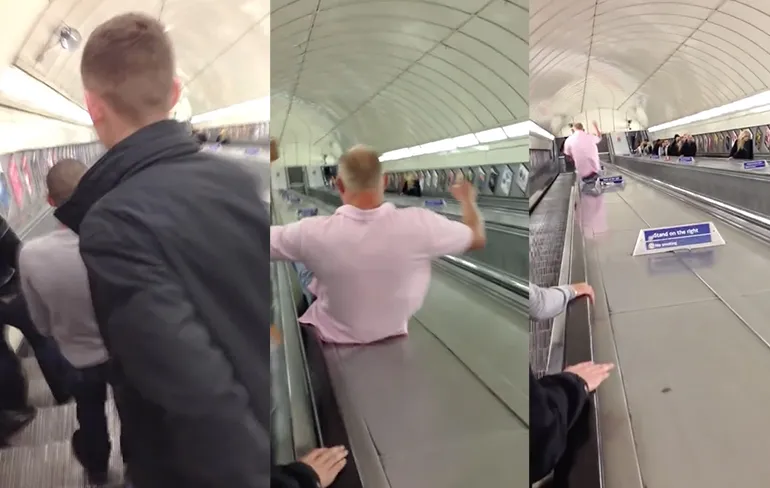 Van roltrap Londen Underground afglijden gaat niet zo goed!