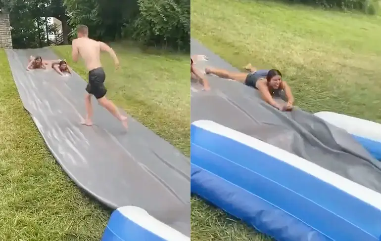 Verkeerde afslag op een slip 'n slide en zo bijna de straat op