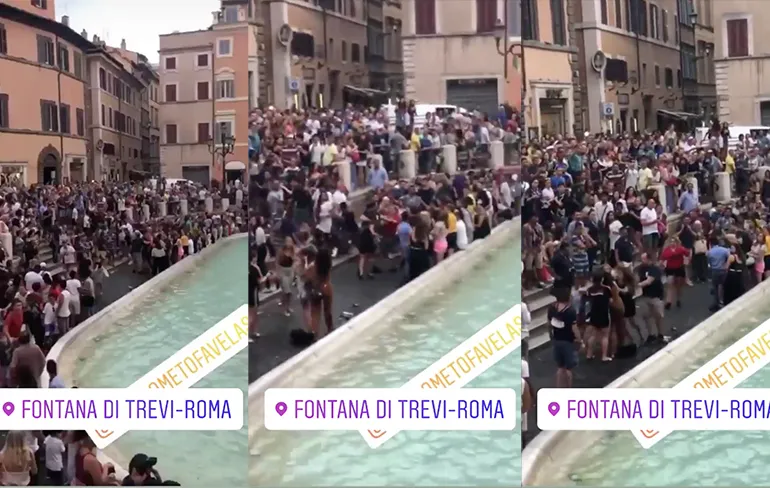 Video Nederlandse vrouw op de vuist om beste selfieplek bij Trevi-fontein