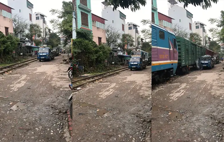 Vietnamees heeft zijn voertuig iets te dicht bij trein geparkeerd...