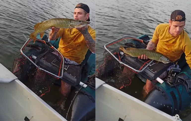 Visser laat vangst zien en kan daarna een nieuwe hengel kopen