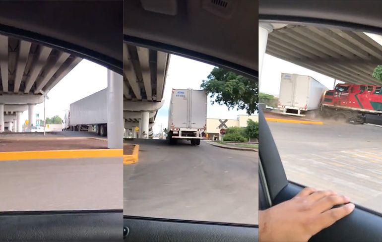 Vrachtwagen in Mexico komt stil te staan op spoorwegovergang, krijgt kusje!