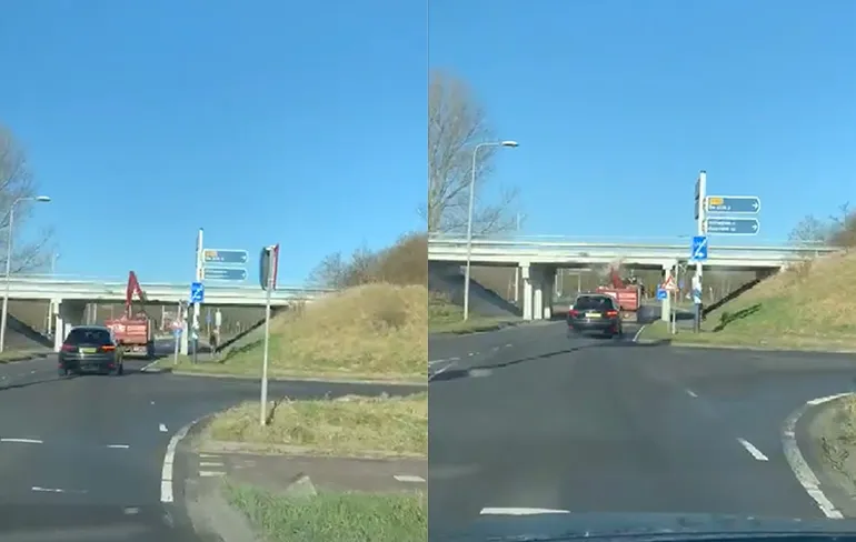 Vrachtwagen met hijskraan geeft viaduct een kus in Noordwijkerhout