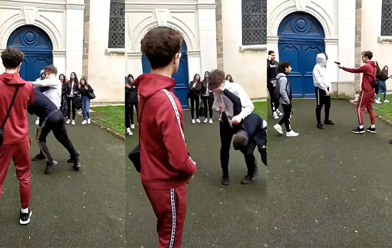 Vriend staat op punt gevecht te verliezen, dus gast pakt pistool erbij