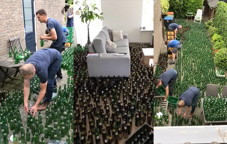 Vrienden plaatsen huis pasgetrouwd stel helemaal vol met bierflesjes