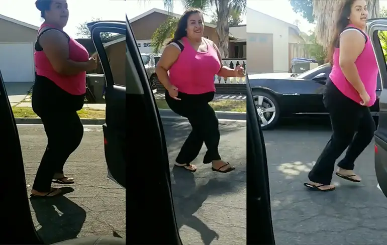 Vrouw doet ook dansje uit auto, maar weer instappen is moeilijk