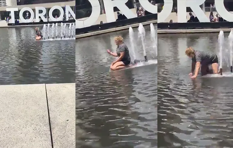 Vrouw gebruikt fontein in Toronto als douchekop...
