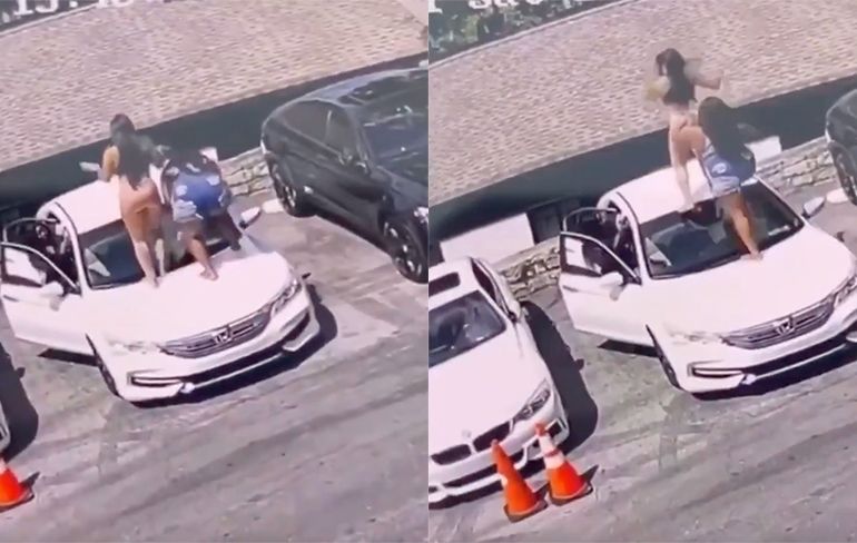 Vrouw in Atlanta klimt op auto en zakt door voorruit