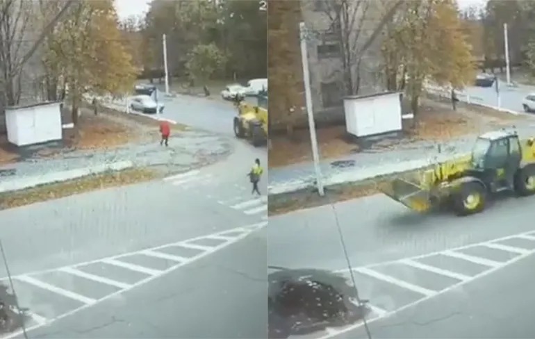 Vrouw in Oekraïne wordt overreden door Shovel wiellader, maar niets aan de hand