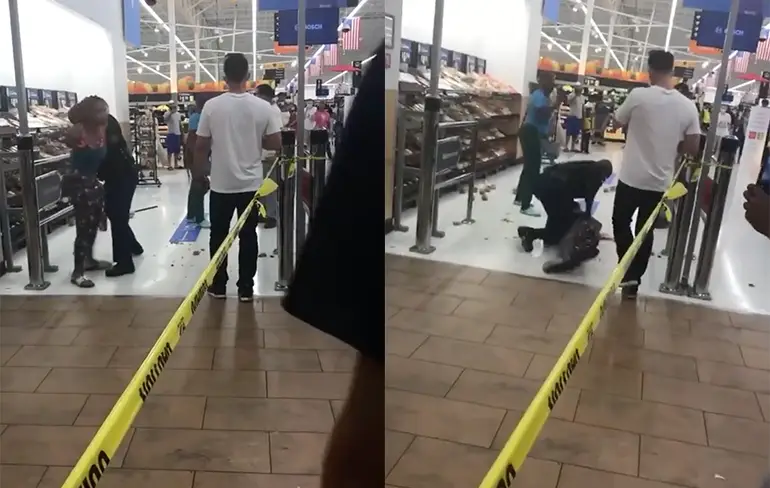Vrouw in Walmart wil geen mondkapje dragen, beveiliger smijt haar op de grond