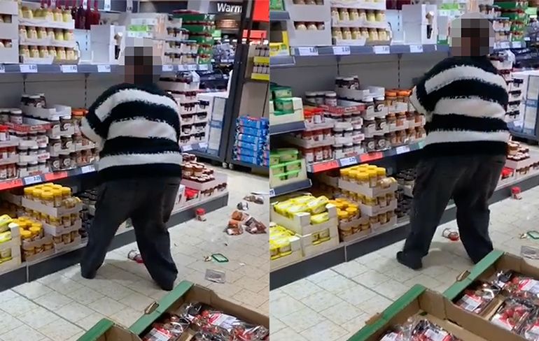 Vrouw is enorm boos in supermarkt en gooit potjes op de grond