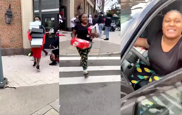 Vrouw parkeert auto op drukke straat om winkel te plunderen