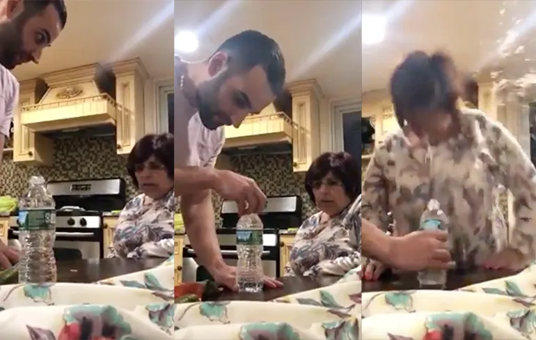 Vrouw piswoest nadat ze in grap met flesje water en muntje is getrapt