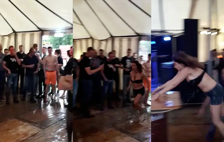 Vrouw doet poging tot buikschuiven op feestje