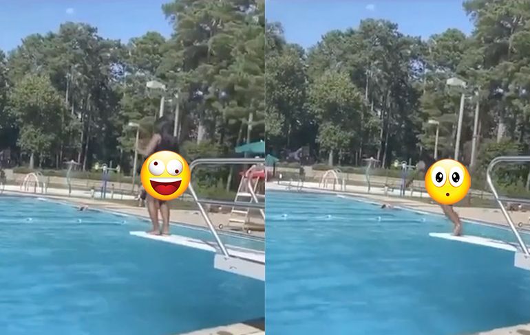 Vrouw verliest duidelijk wat na duik van duikplank in zwembad