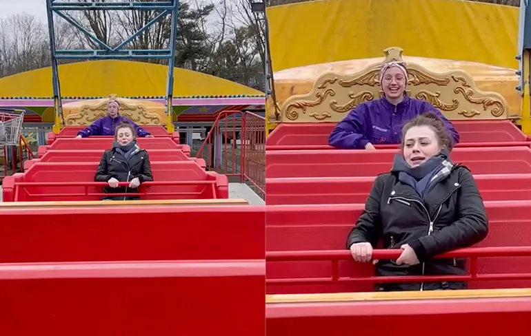 Vrouw vindt ritje in het schip in pretpark helemaal niet fijn
