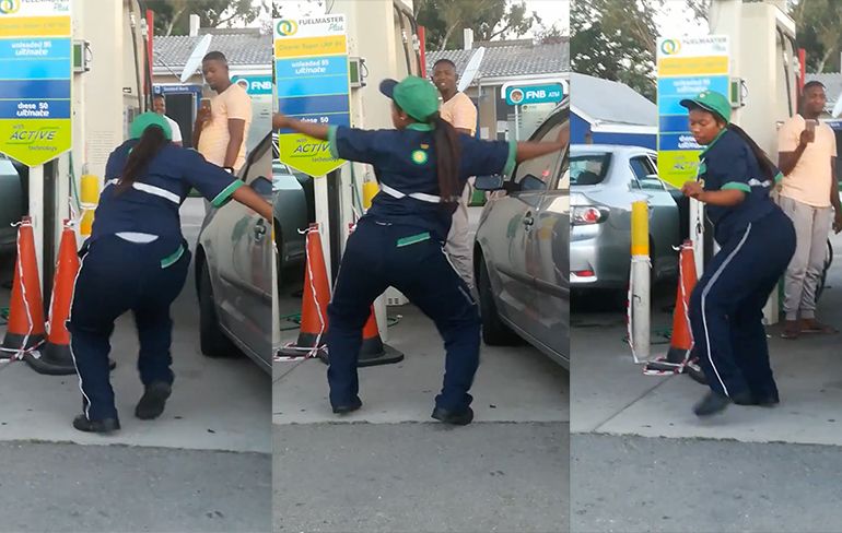 Dansende pompbediende in Zuid-Afrika is een klein beetje dronken