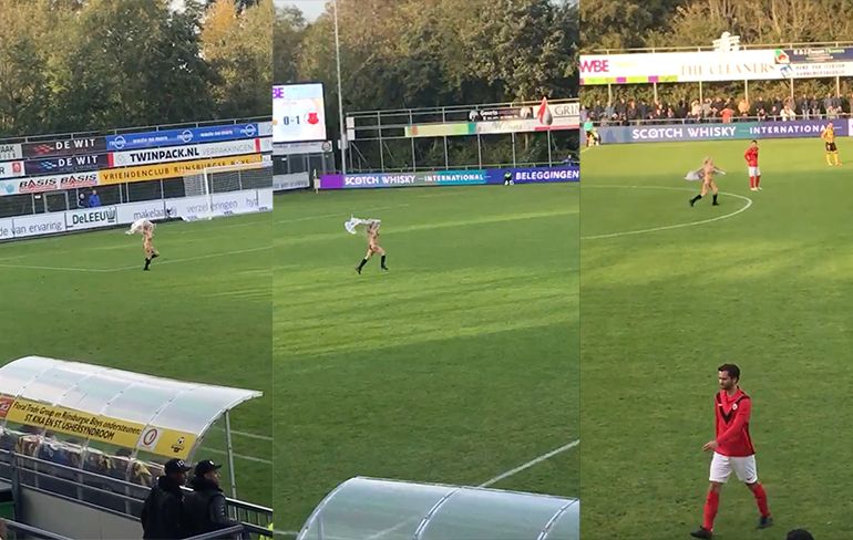 Vrouwelijke streaker verstoort wedstrijd Rijnsburgse Boys - AFC