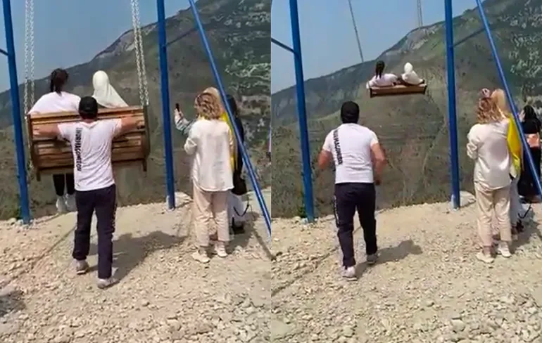 Vrouwen komen erachter dat schommelen in Dagestan ook gevaarlijk kan zijn