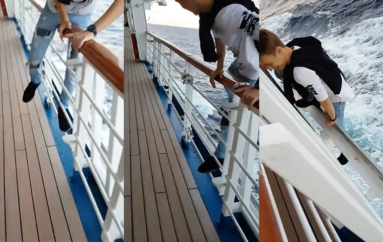 Waaghals gaat op open zee aan cruiseschip hangen