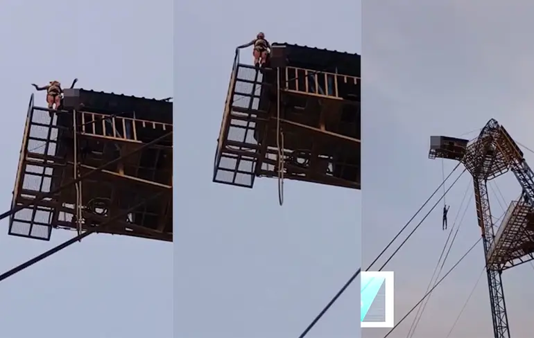 Werknemers van Bungeejump attractie zijn duidelijk iets vergeten... Auw!