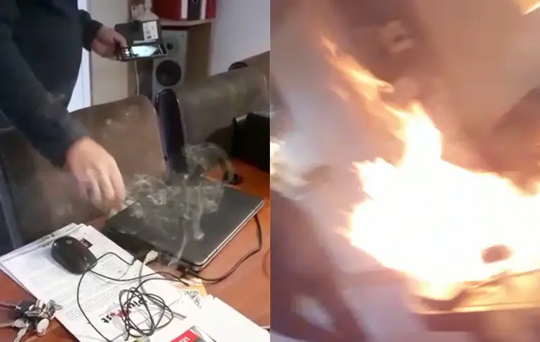 Wow, laptop flink aan het knetteren en vliegt in de fik
