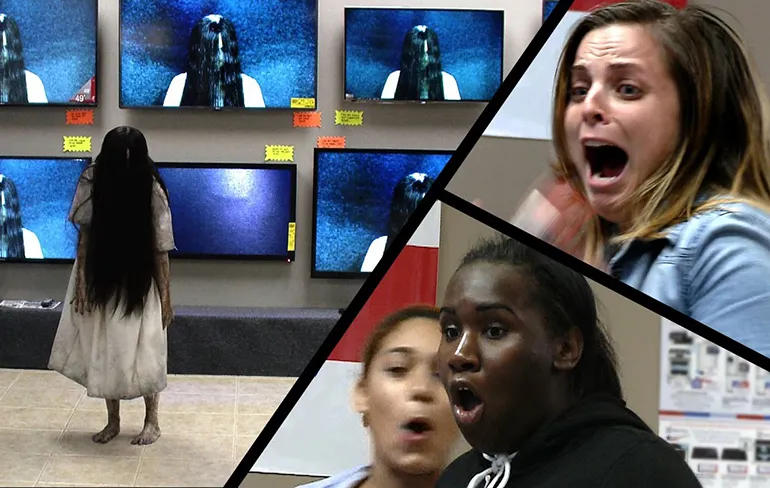 WTF, komt ineens Samara van The Ring uit de televisie kruipen!