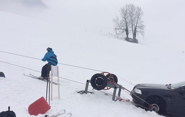 Zelfgebouwde skilift gaat 50 kilometer per uur
