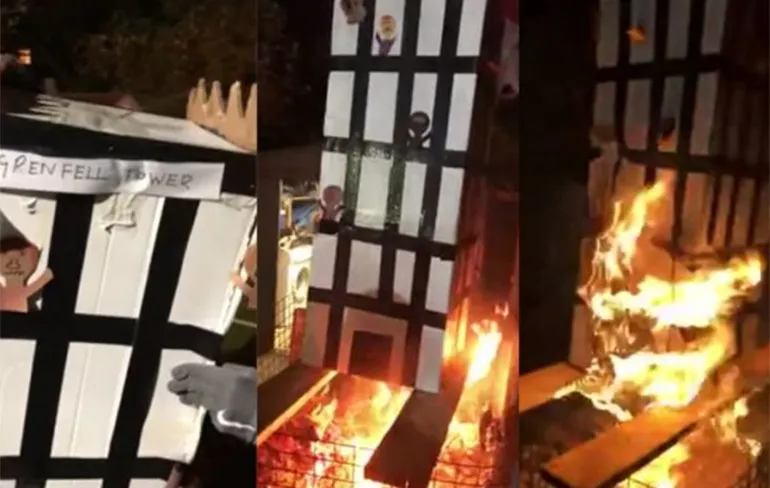 Zieke geesten verbranden Grenfell Tower beeltenis tijdens Guy Fawkes