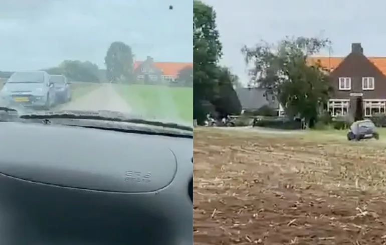 Zondags vermaak: Proberen met auto een weiland om te ploegen