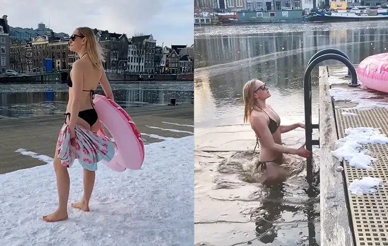 Zweedse dame maakt er een stranddagje van in het koude Amsterdam