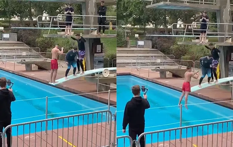 Viervoudige backflip van lage duikplank eindigt met pijn in bakkes