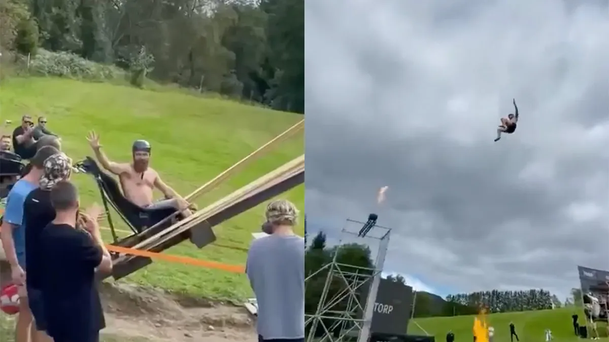 Hoppa, afgeschoten door katapult zo een klein zwembadje in